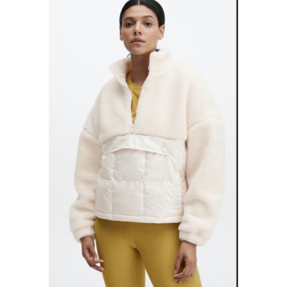 Fabletics Women's Nelly Mixed Media Ivory Pocket Pull Over Sherpa Sz Small